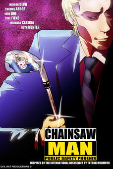 A parody of a movie poster for American Psycho using characters from my Chainsaw Man tabletop group. The main subject is the Mirror Devil, who has entrapped the Time Fiend in his reflective golf club.