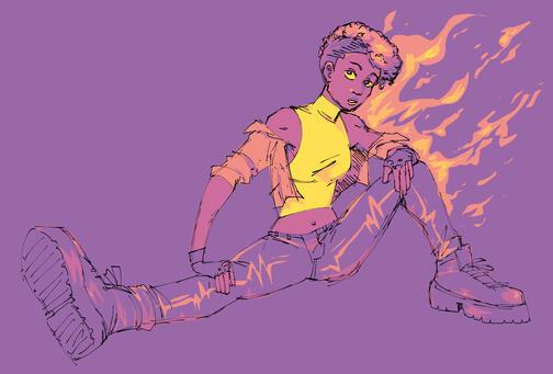 An illustration of a human character named Scorch (they/them) in a restricted palette with flames coming from behind them.