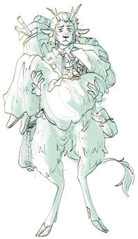 Shaded sketch of Zollisk carrying his party member Coda