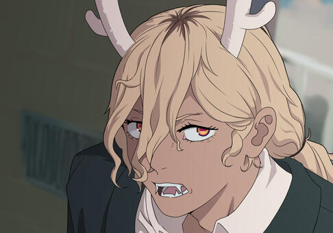 A drawing of my oc John Doe resembling a screencap from the Chainsaw Man anime. It's a close up shot of his face. He's wearing a suit and has his hair in a ponytail. He looks agitated.