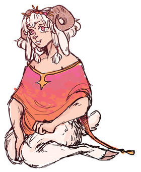 colored sketch of my bighorn sheep satyr oc Cheri (she/her) kneeling on the ground