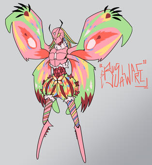 flat concept art of a Jojo's bizarre adventure themed stand OC called Bug Aware. It appears as a large, humanoid, brightly colored moth with claw like hands at the ends of its wings.