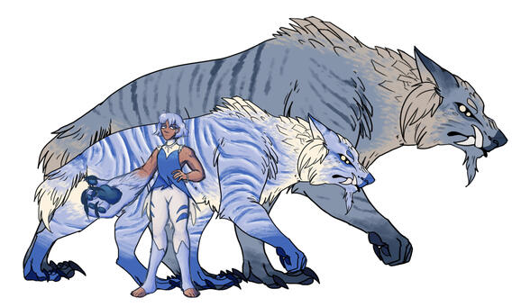 Concept art and size reference for my superhero oc Selene and her space werewolf form compared to the size of an average member of her species.