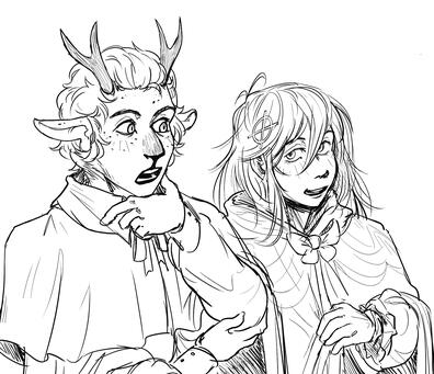 Line drawing of two DnD characters chatting. The Satyr on the left is Zollisk, while the shapeshifter on the right is my friend @sarahtheconjurer on tumblr's character Coda