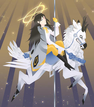 A lineless angular illustration of my friend's angel oc Coda (he/they) on the monstrous form of my oc The Peryton (it/its) as if it were a carousel horse