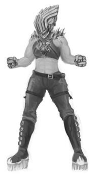 black and white painterly illustration of Andrea Bracken's Fire Hybrid form. Her head vaguely resembles the engine of a motorcycle