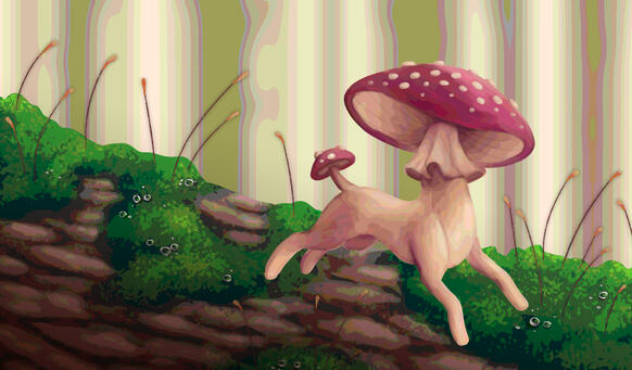 Digital art of one of the fantasy mushroom critters I create as physical sculptures. A critter based on an amanita mushroom is frolicking across a mossy log in a faux macrophotography illustration. This was made for the back of my business cards!