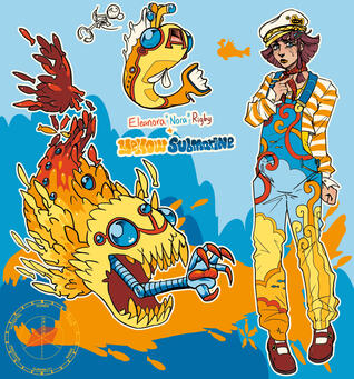 A reference sheet for a JJBA tabletop character and her stand I designed