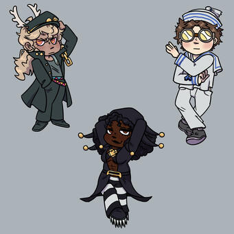 Chibi style illustrations of characters dressed as JJBA characters. Upper left is John dressed as Jotaro Kujo, upper right is Brandon Guy dressed as Josuke Higashikata from Jojolion, and lower middle is Andrea Bracken dressed as Risotto Nero