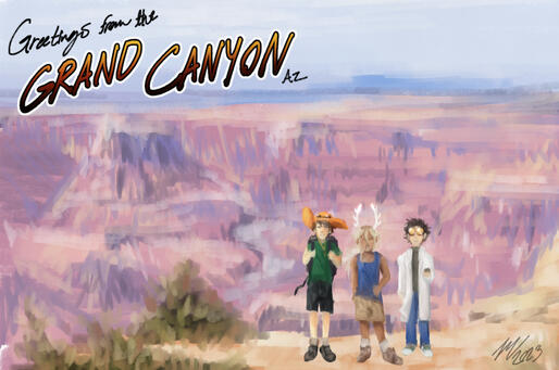 A painterly digital image of a faux postcard with three characters visiting the grand canyon. Right to left are Thomas Anderson which belongs to @turtleslothart on instagram, middle is my guy John, and the leftmost is Brandon Guy