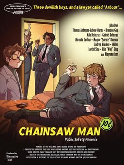 A parody of a movie poster for Pulp Fiction by Quentin Tarantino depicting my chainsaw man tabletop oc group. John and Milo stand in the doorway, Brandon stands off to the side, and Thomas on the bed (credit: turtleslothart on tumblr)