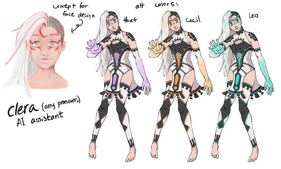 Colored and lined concept art page for an npc assistant for a tabletop game. Multiple color palette options are shown